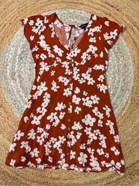 My Michelle Rust Floral Midi Dress with White and Blue Blossoms